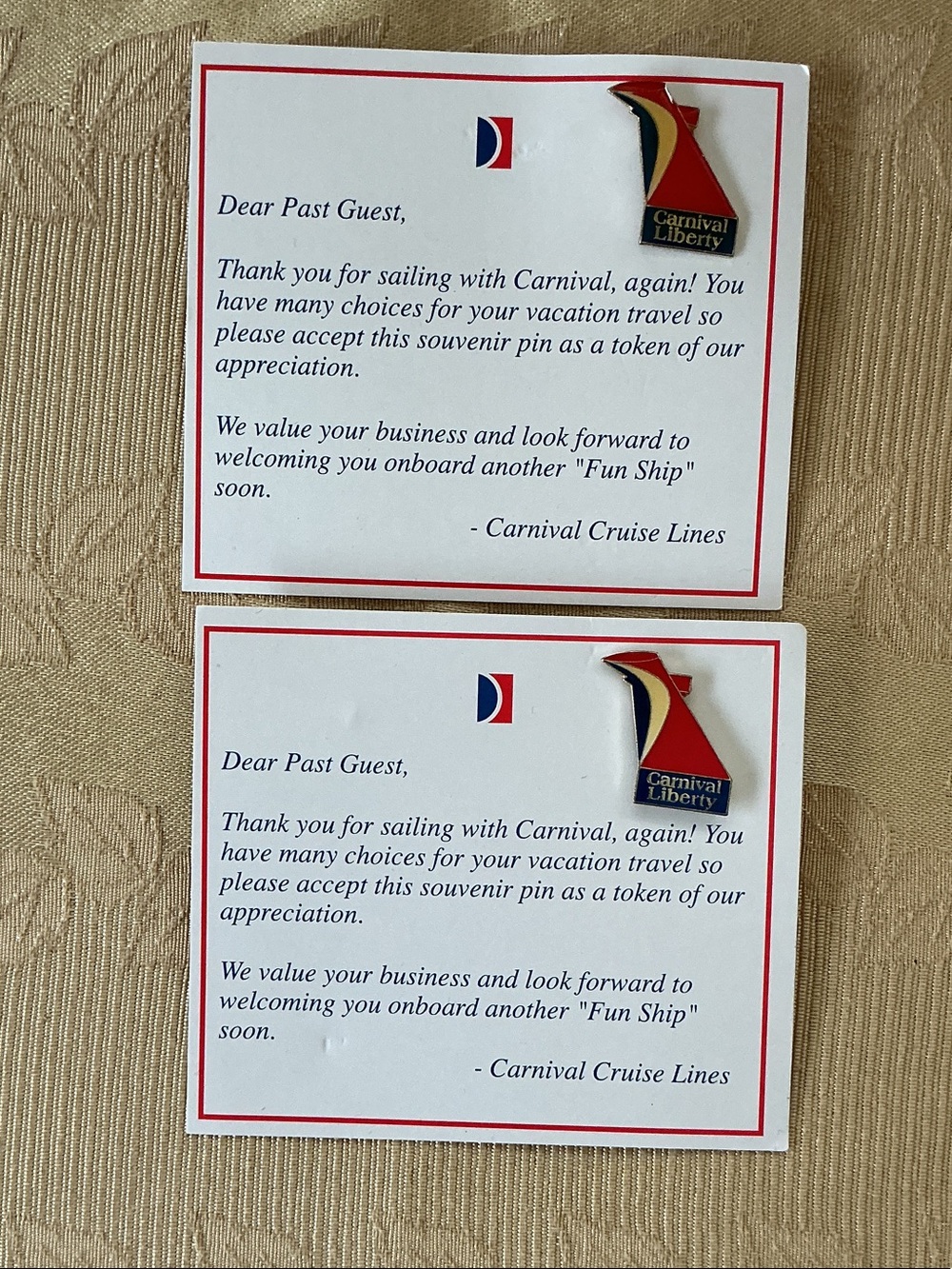 Vintage Carnival Cruise Lines Souvenir Pins Set of 2 Original Cards